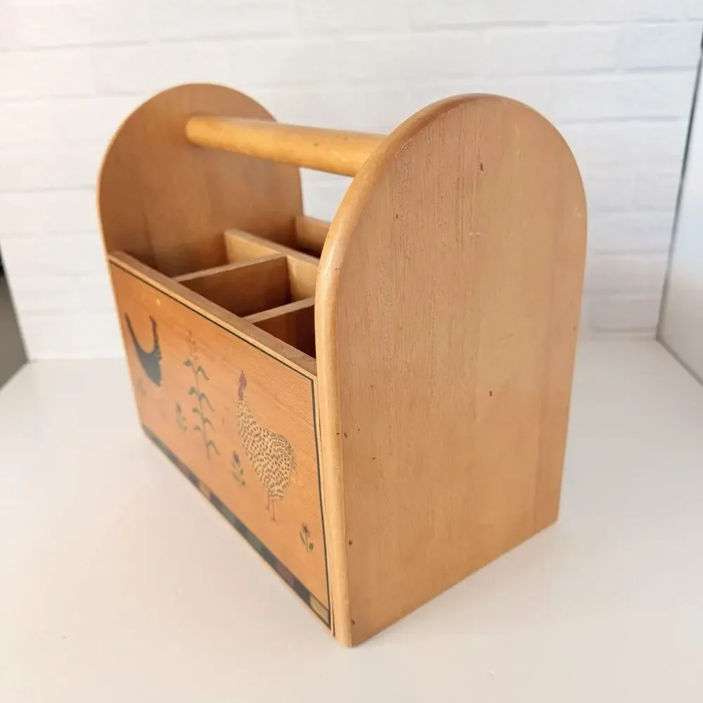 Vtg Kamenstein Wood Holder Silverware Utensil Caddy Chicken Rooster Cottage Core